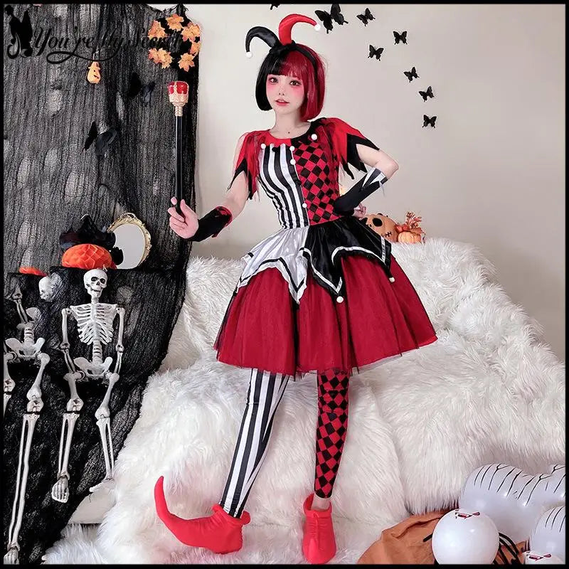 Halloween Clown Lolita Suit Women's Clown Costume Patchwork Striped Dress with Headgear - Suit 01 / L