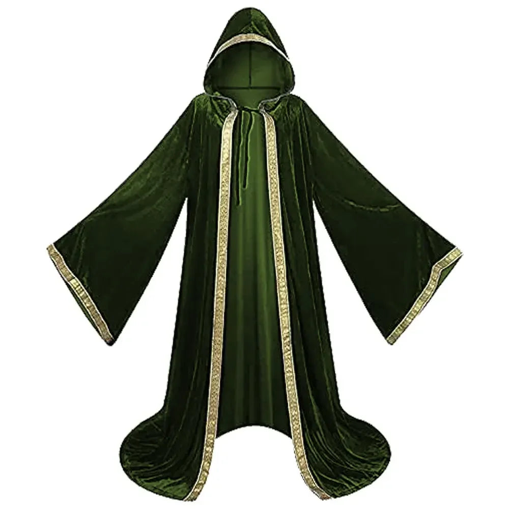 Halloween Costume Medieval Cape Cloak Adult Hooded Death Vampire Wizard Monk Witch Costume - Wine Red / XXL