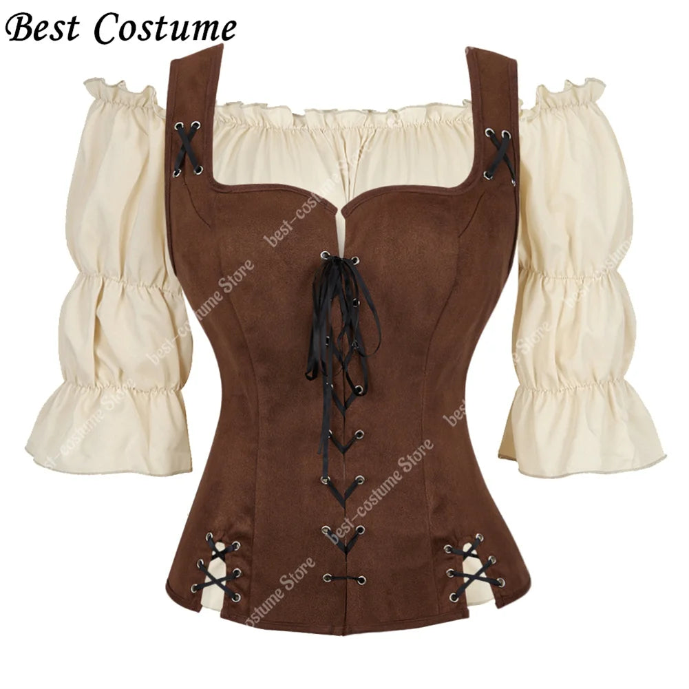 Pirate Costume Women Medieval Vest Costume Plus Size Medieval Blouse Tops 2 Pieces