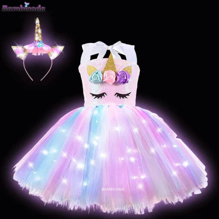 Girls Shiny Unicorn Tutu Led Lighting Dress Glowing Dresses Princess Dress Clothing