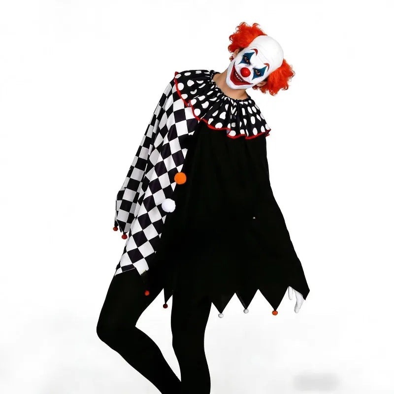 Black & White Pierrot Clown Costume – Ruffled Cape & Accessories
