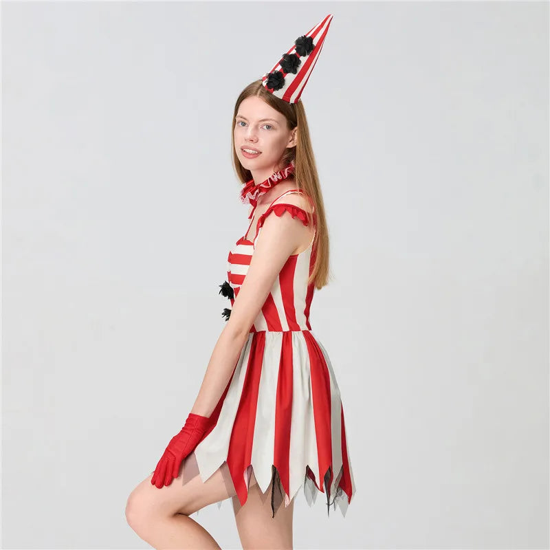 Women's Red Circus Clown Costume – Striped Mini Dress with Accessories