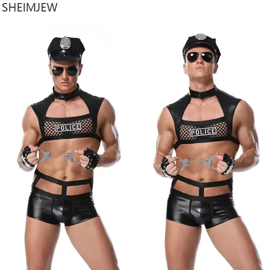 Men's Sexy Police Black Nightclub Bar Waiter Pole Dance Costume