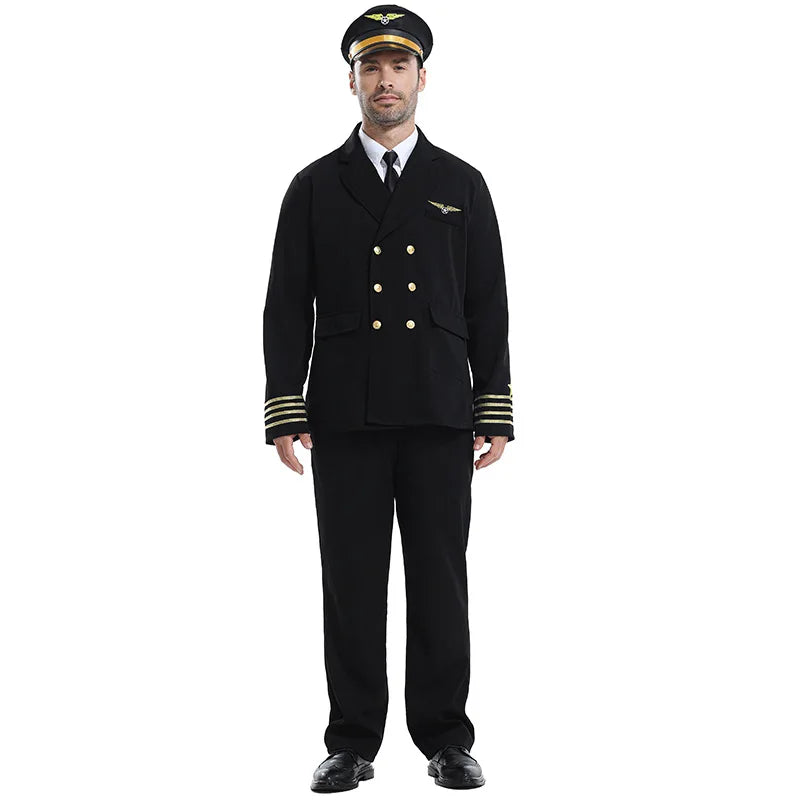 Halloween Costume Performance Airline Captain's Work Suit Flight Attendant Black Uniform - XXL