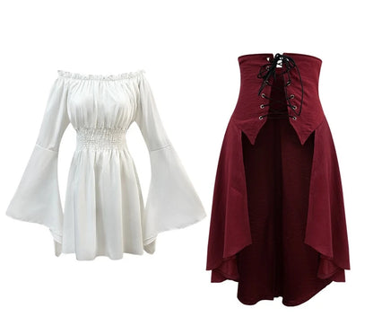 Medieval Skirt Blouse Women Victorian Gothic Steampunk Punk Corset Bustle Skirts Pirate Tops Dress Halloween Cosplay Costume