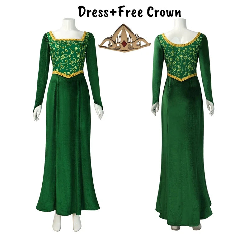 Women's Fiona-Inspired Shrek Costume – Green Dress, Wig & Crown Options