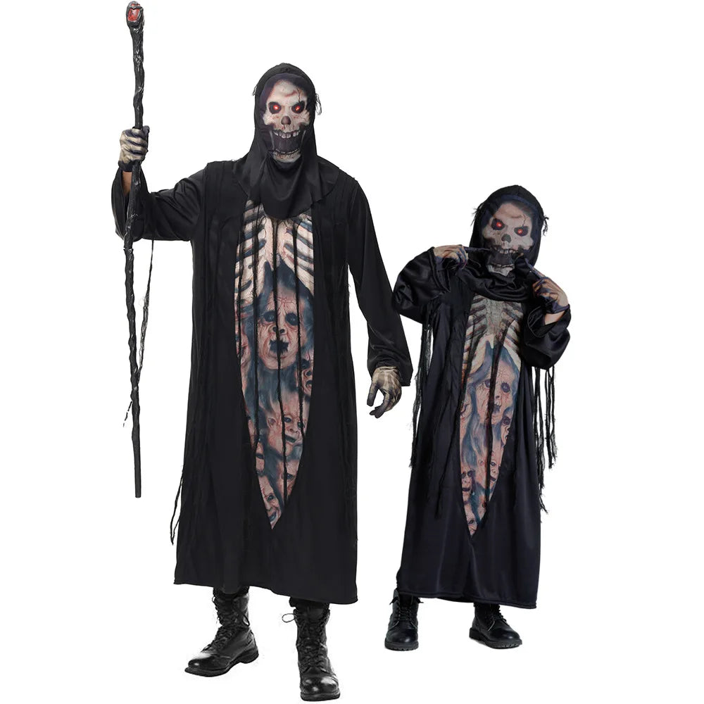 Kids Black Grim Reaper Costume – Hooded Robe, Headgear & Gloves