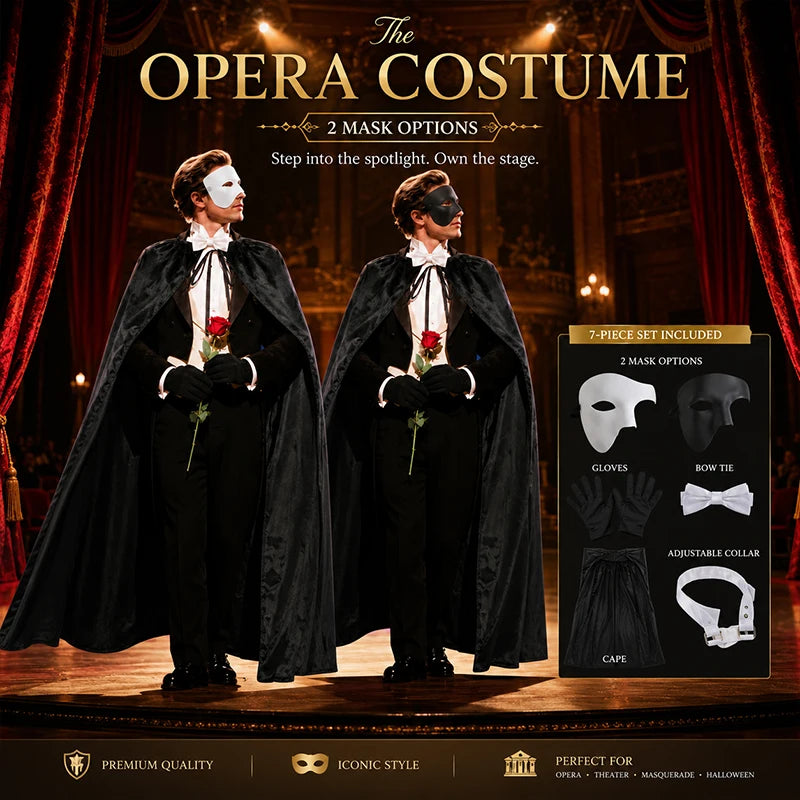 Halloween Masquerade Phantom Costume Kit, Black Long Cape Half Mask Bow Tie Gloves Adult Men Opera Ghost - product image 2
