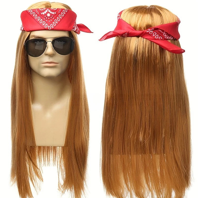 Hot 70s 80s Rocker Costume Heavy Metal Wig Men Women Hippie Wig With Bandana Sunglasses Punk Gloves Tattoo - product image 10