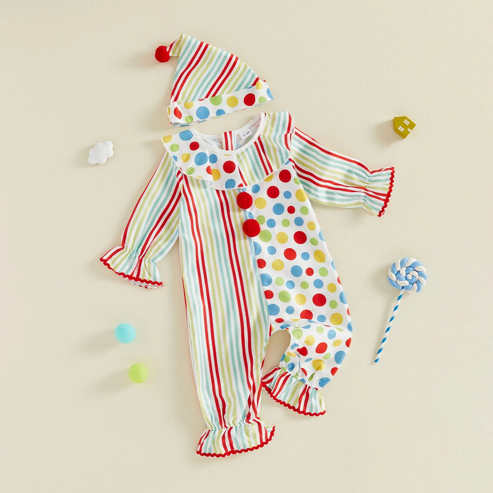 Toddler Baby Clown Costume Stripe Dot Print Sleeve Jumpsuit with Hat Baby Boy Halloween - Pink / 3T（户外运动）
