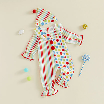 Toddler Baby Clown Costume Stripe Dot Print Sleeve Jumpsuit with Hat Baby Boy Halloween - Pink / 3T（户外运动）