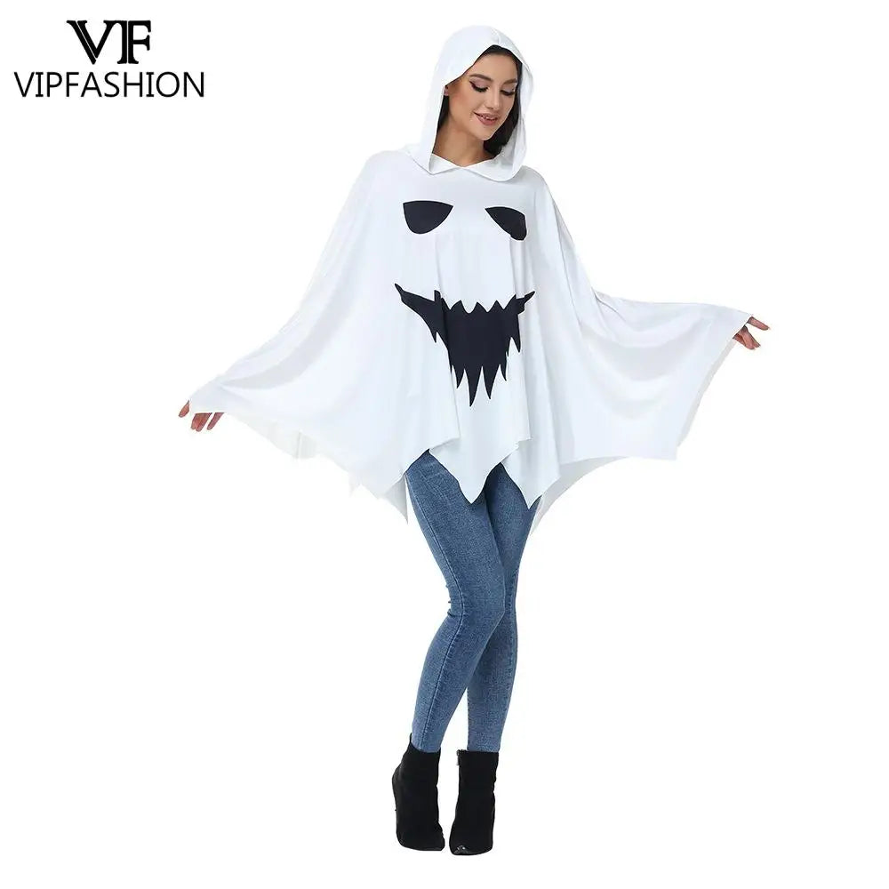VIP FASHION Halloween Ghost Cloak Scary Cosplay Costume Horror Face Printed White Hood Cape Day of the Dead - product image 3