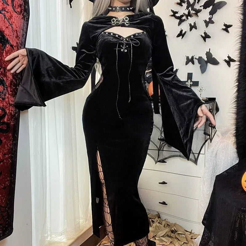 Halloween Costume Women Batwing Sleeve Floor Dress Black Gothic Evil Terror Maxi Mistress Morticia Addam - product image 8