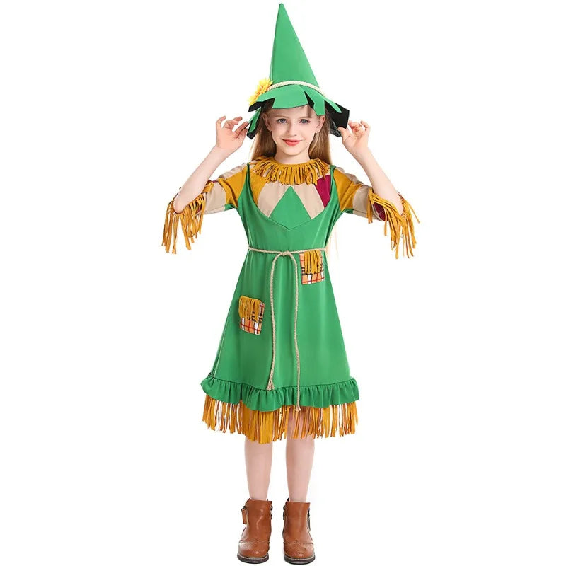 Halloween Girls Wizard Of Scarecrow Green Tassel Puppet Girl Dress Masquerade Witch Party Disguise Costume - product image 1