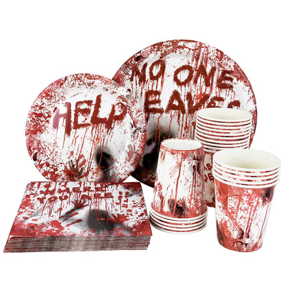 Halloween Party Disposable Tableware Scary Bloody Handprint Paper Plates Cups Popcorn Box For Halloween - product image 1
