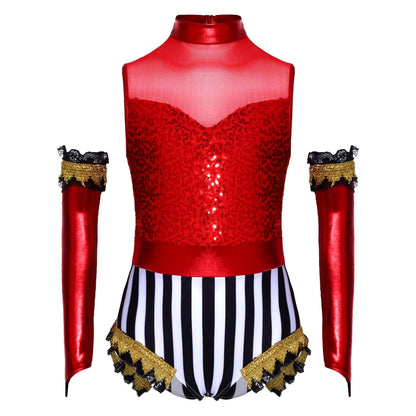 Kids Girl Halloween Circus Clown Costume Shiny Striped Tutu Leotard Ballet Gymnastics - Black / 16