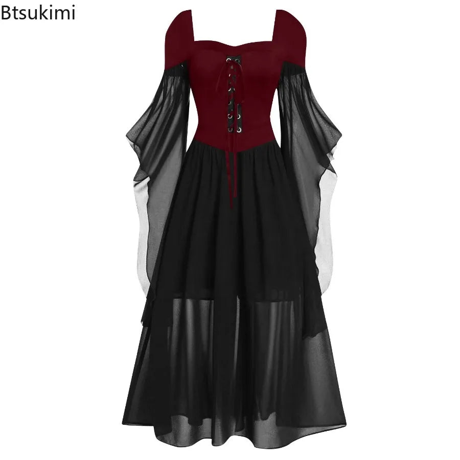 Women's Vintage Gothic Dress Halloween Witch Cosplay Costumes Off Shoulder Lace-Up Medieval Maxi Dress Retro - product image 6