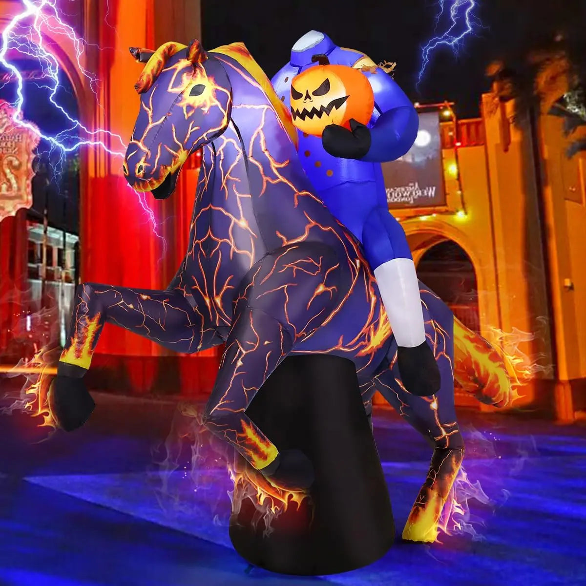 6FT Long Halloween Inflatables Headless Horseman Outdoor Decorations Blow Up Lightning Horse Yard with Built-in LEDs for I