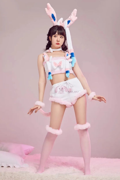 Anime Eevee Cosplay Costume Women Sexy Flannel Hooded Bodysuit Socks Suit Bunny Girl Cute Cartoon Plush Pajamas Jumpsuit Uniform