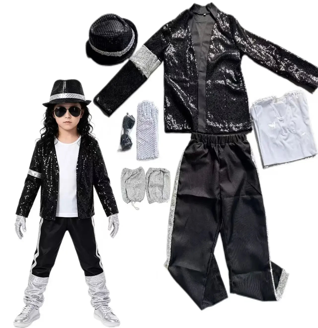 2026  MJ Michael Jackson Thriller Kids Costume  Red   Black Leather Jacket Pants Boys Halloween Stage Cosplay Outfit