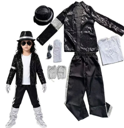 2026  MJ Michael Jackson Thriller Kids Costume  Red   Black Leather Jacket Pants Boys Halloween Stage Cosplay Outfit