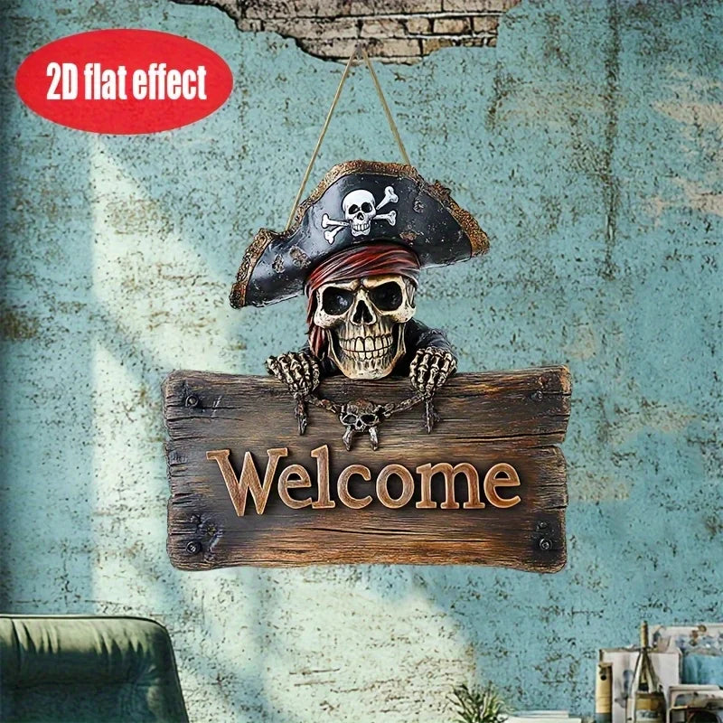 2D Flat 1pc Pirate Skull Welcome Sign Rustic Wooden Door Decoration with Pirate Skull and Crossbones Halloween Party Decoration