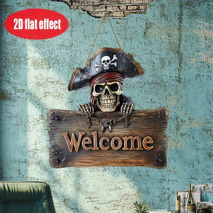 2D Flat 1pc Pirate Skull Welcome Sign Rustic Wooden Door Decoration with Pirate Skull and Crossbones Halloween Party Decoration