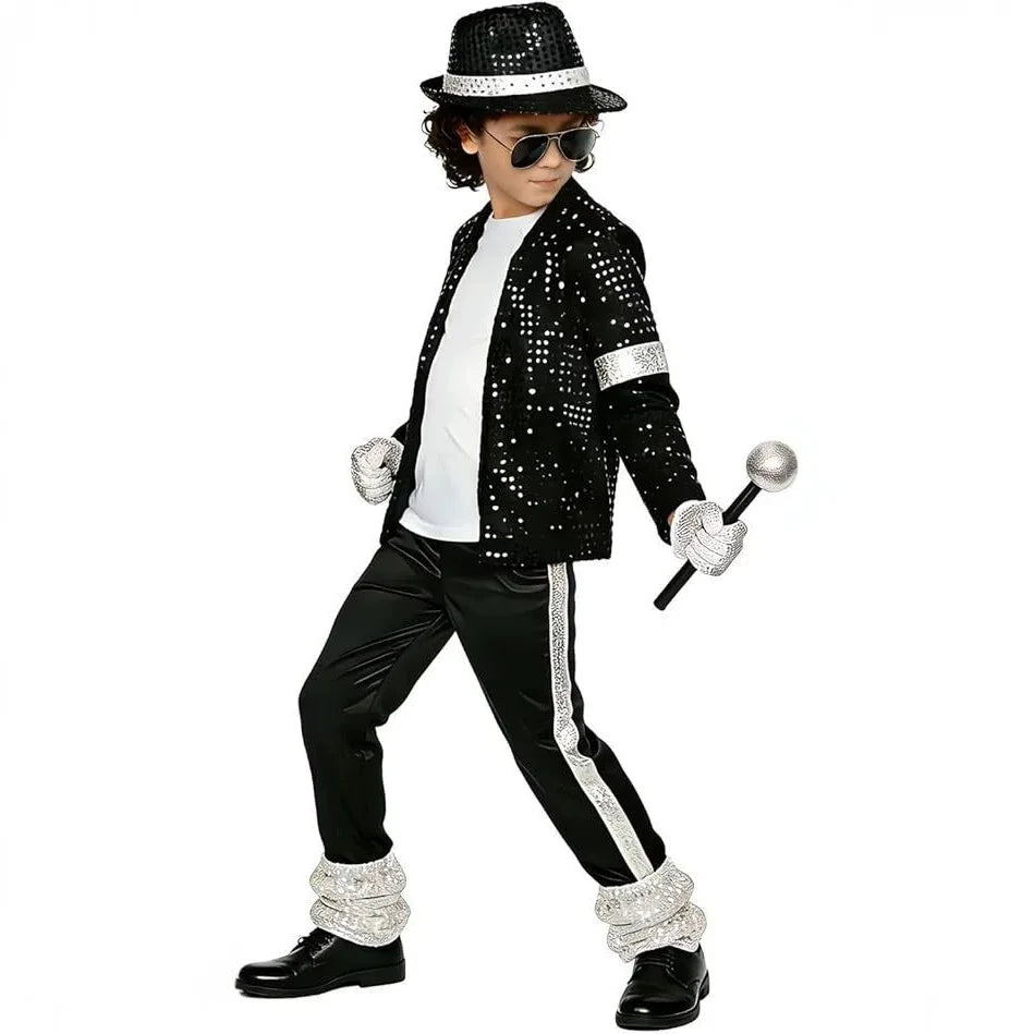 Kids Michael Jackson Costume Boys Superstar Singer Outfit Halloween Carnival Stage Performance Dance Cosplay Party Costume