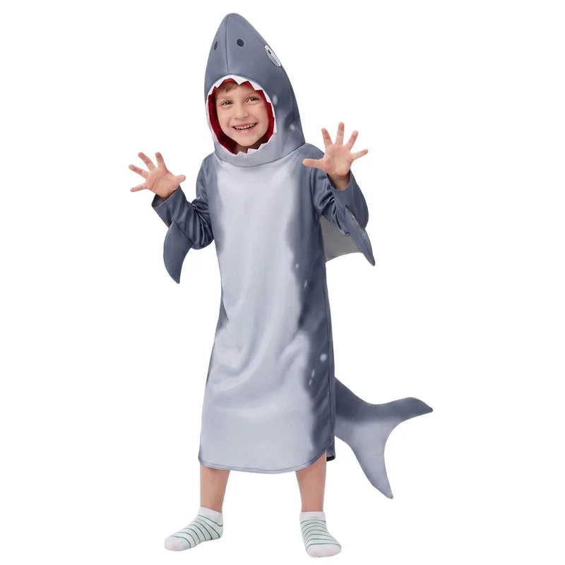 Childrens Shark Hooded Cosplay Costume with Tail Halloween Party Dress Up Performance OutfitSchool Play Performance Outfit