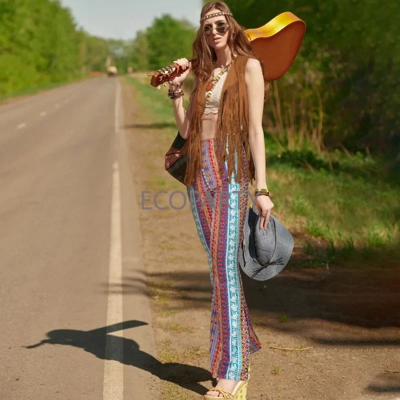 70s Costume for Women Disco Outfits Hippie Accessories Fringe Vest Boho Flared Pants Set New Style Cosplay - product image 6