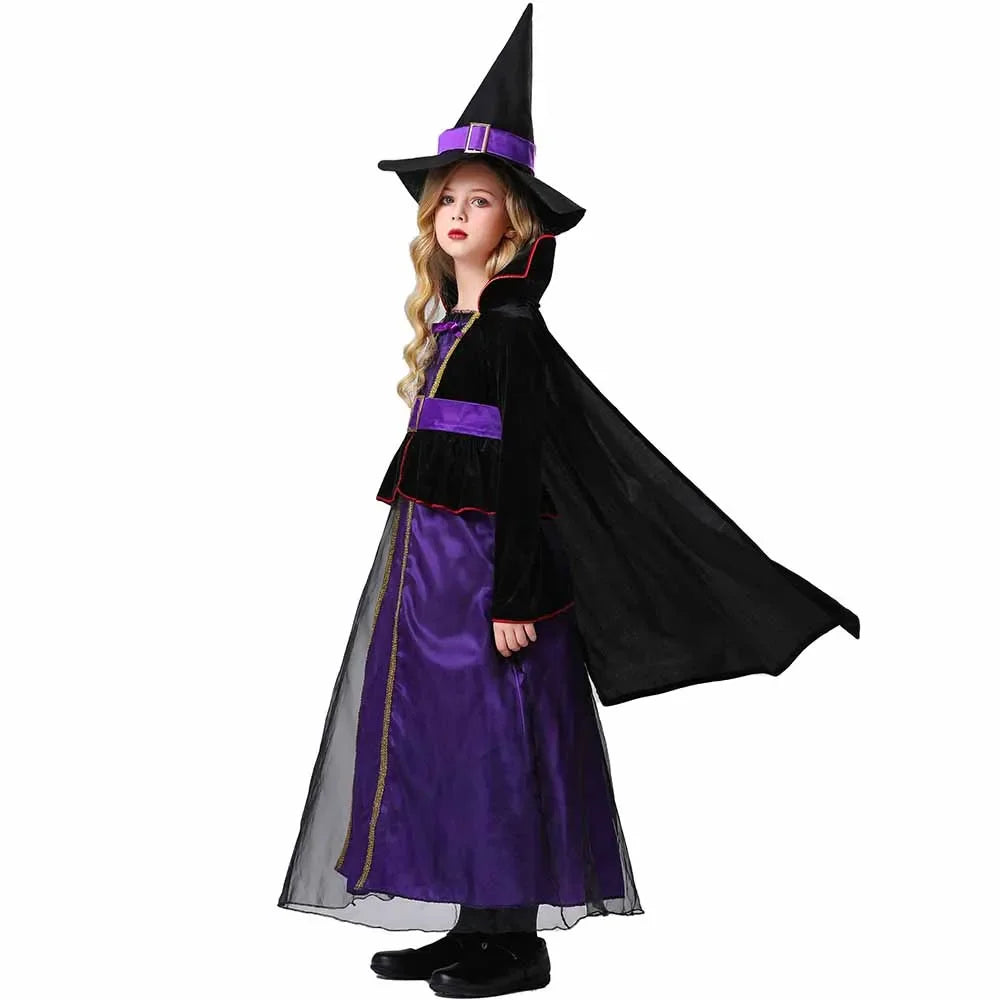 Halloween Witch Girls Purple Gauze Dress & Cloak ; Pointed Cap Belt Costume children Carnival Witch Costume - product image 2