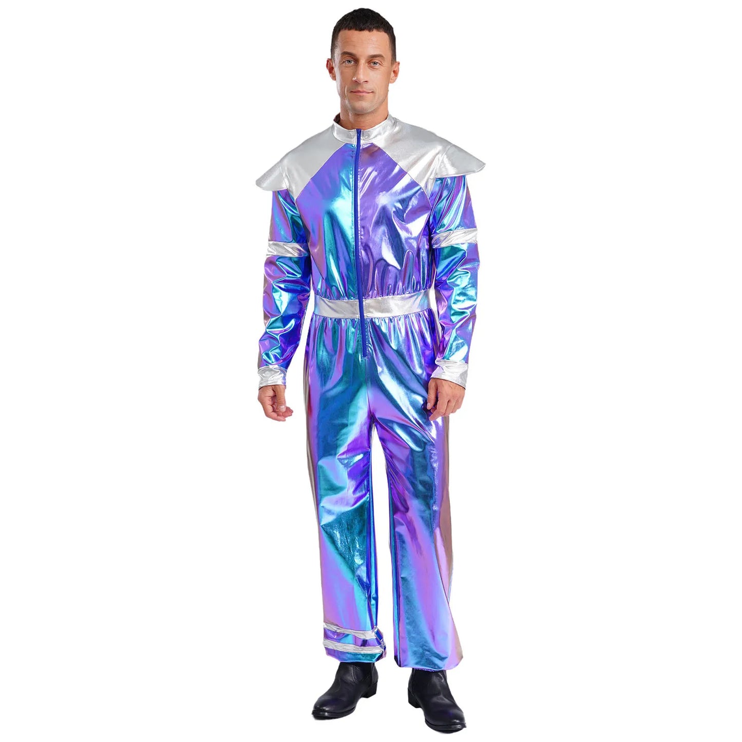 Men's Outer Space Alien Costume Halloween Robot Costume Jumpsuit Sleeves Deluxe Shiny - Blue / XXL