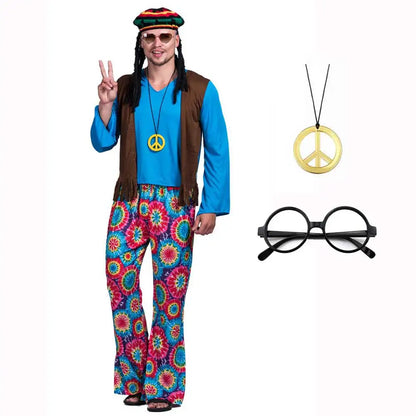 Halloween Hippie Costume Men 60s 70s Hippie Set Pants Shirt Fringe Vest Glass Frame - cosplay set 2 / M