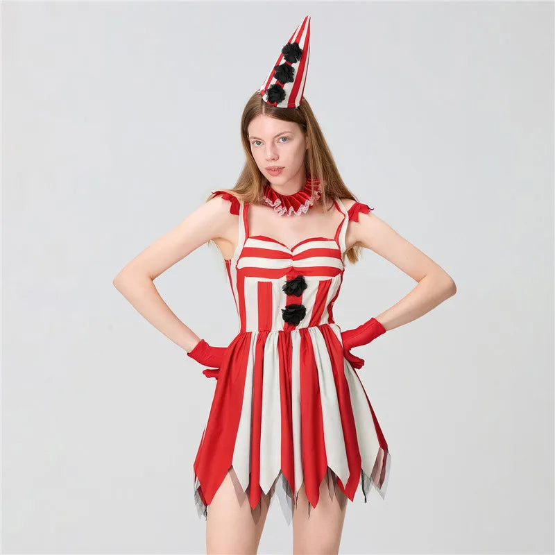 Women's Red Circus Clown Costume – Striped Mini Dress with Accessories