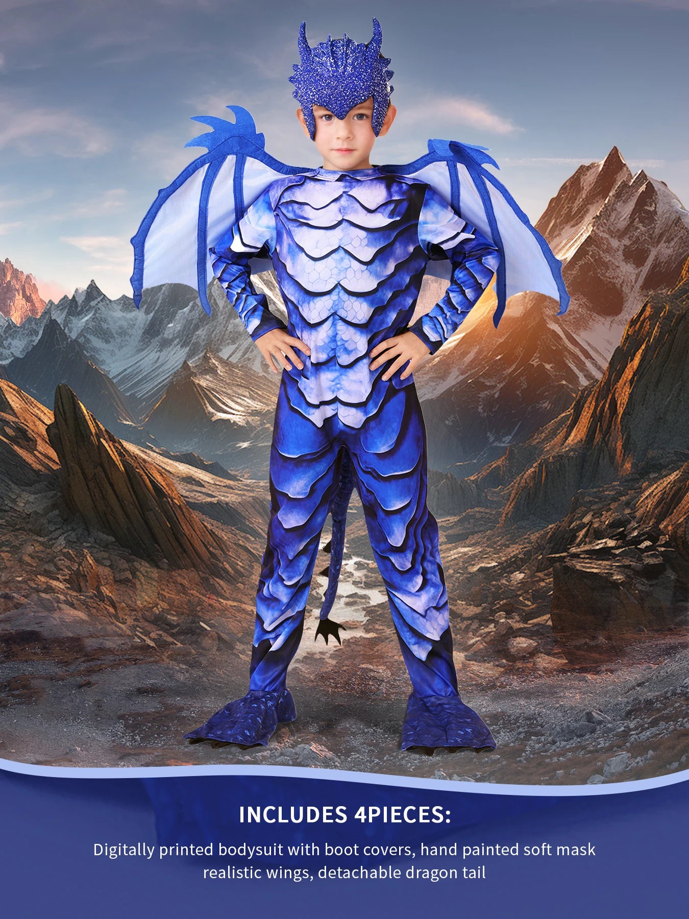 The Frost Blue Dragon Knight Jumpsuit For Kids, Halloween Carnival Theme Party Costume