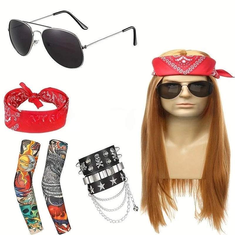Hot 70s 80s Rocker Costume Heavy Metal Wig Men Women Hippie Wig With Bandana Sunglasses Punk Gloves Tattoo - product image 8