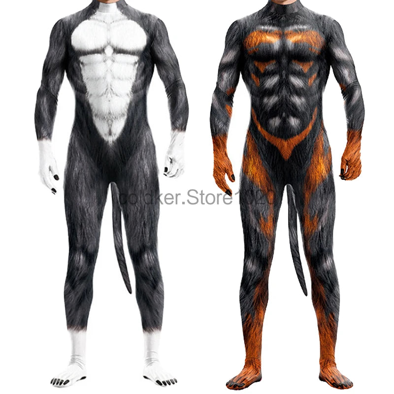 Pet Men Animal with Tail Full Cover Elastic Zentai Jumpsuit Dog Puppy Costume