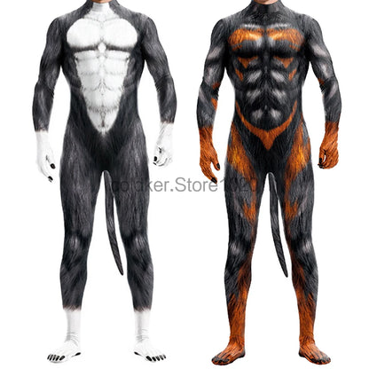 Men Halloween Animal Costume with Tail Adult Full Cover Elastic Zentai Pet Costume - 1 / M