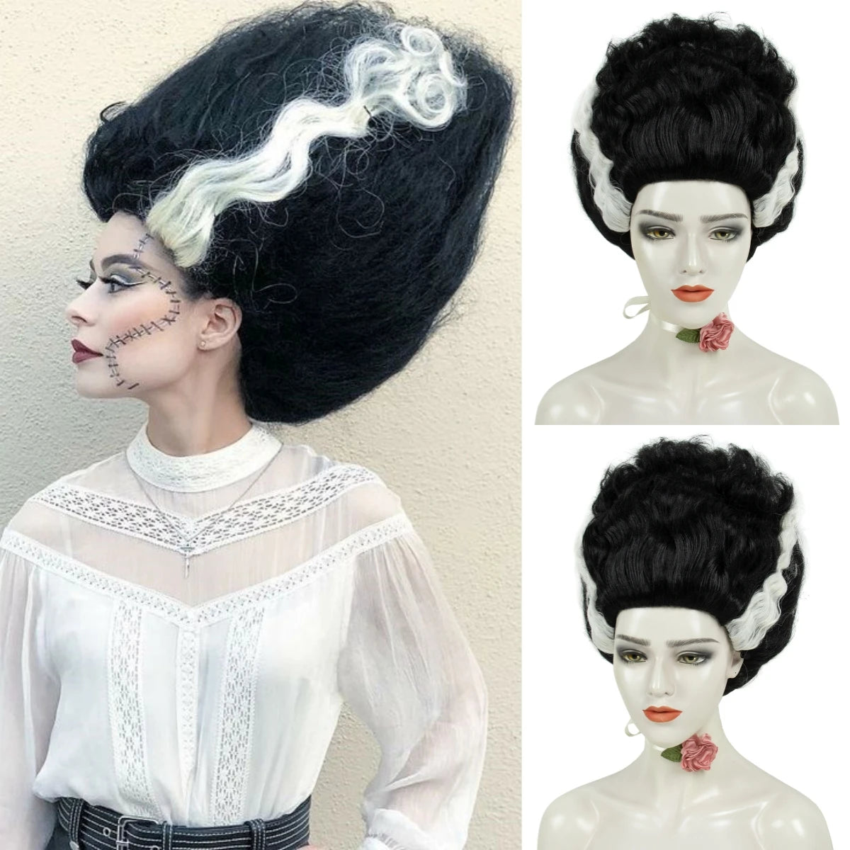 Black & White Monster Bride Beehive Wig – Women's Halloween Costume Wig