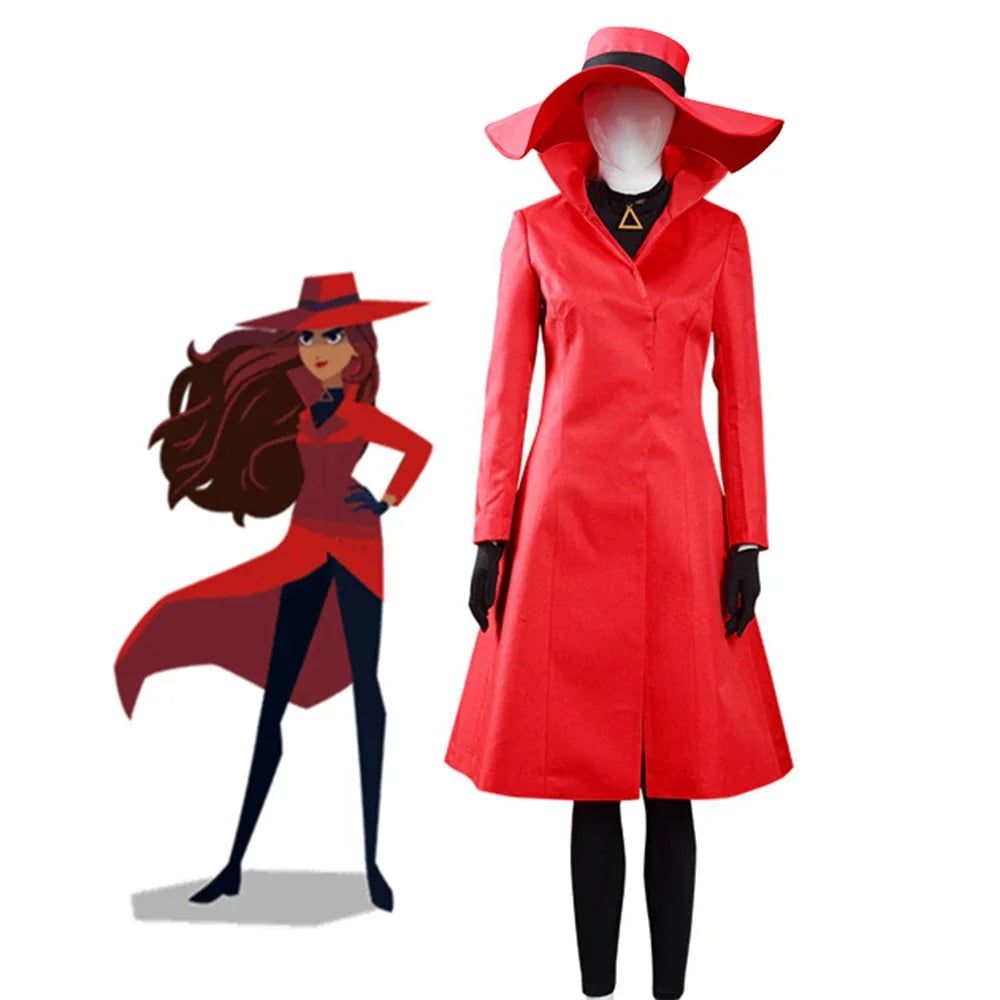 Carmen Sandiego Costume Red Dress with Hat Gloves Halloween Suit for Women's Girl - set / L