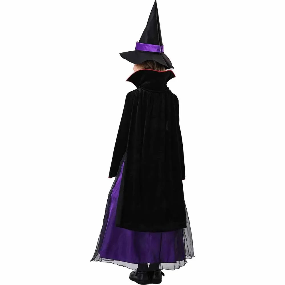 Halloween Witch Girls Purple Gauze Dress & Cloak ; Pointed Cap Belt Costume children Carnival Witch Costume - product image 5