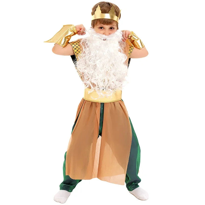 Kids Golden Greek Mythology God King of the Sea Halloween Costume Poseidon Costume for - Wig / Height 115-125cm