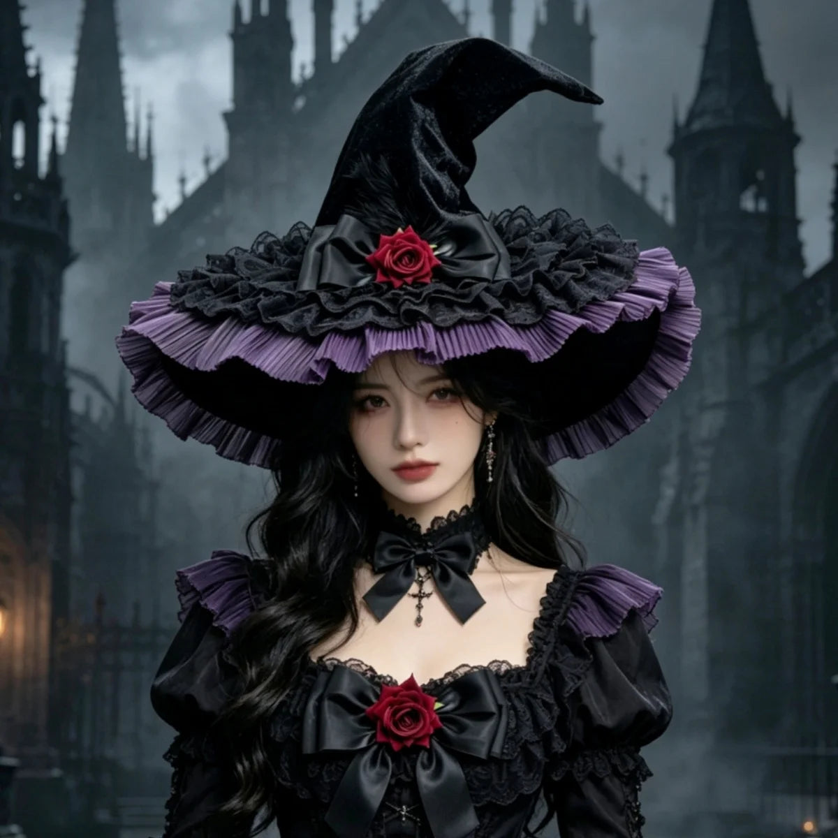 Gothic Halloween Witch Hat and Broom Set Witch Pointed Witch Flying Party - product image 1