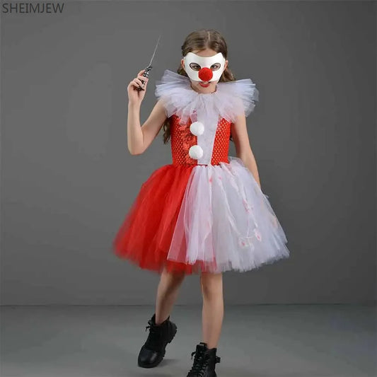 Halloween Enfant Horror Scary Clown Costume Chicas Fantasy Clown Ballet Tutu Stage Showing - Dress Mask Toy Knife / XL