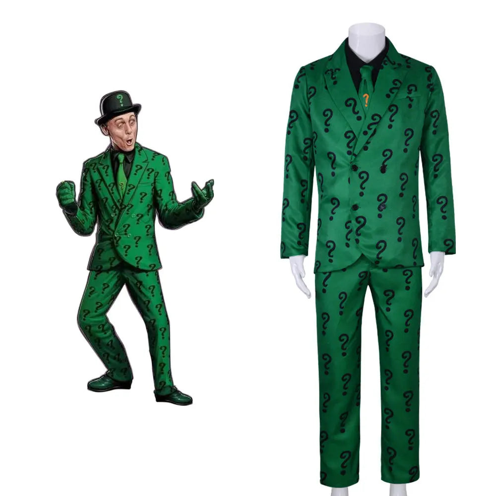 Halloween Costume Villains Riddler Costume Joker Outfit with Hat Adult Men Green Jacket - SET / XXXL