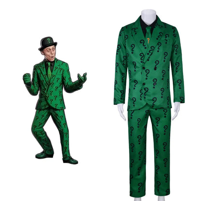 Halloween Costume Villains Riddler Costume Joker Outfit with Hat Adult Men Green Jacket - SET / XXXL