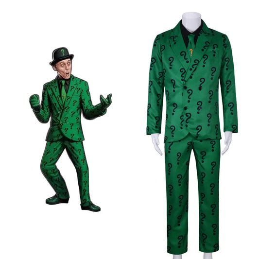 Halloween Costume Villains Riddler Costume Joker Outfit with Hat Adult Men Green Jacket - SET / XXXL