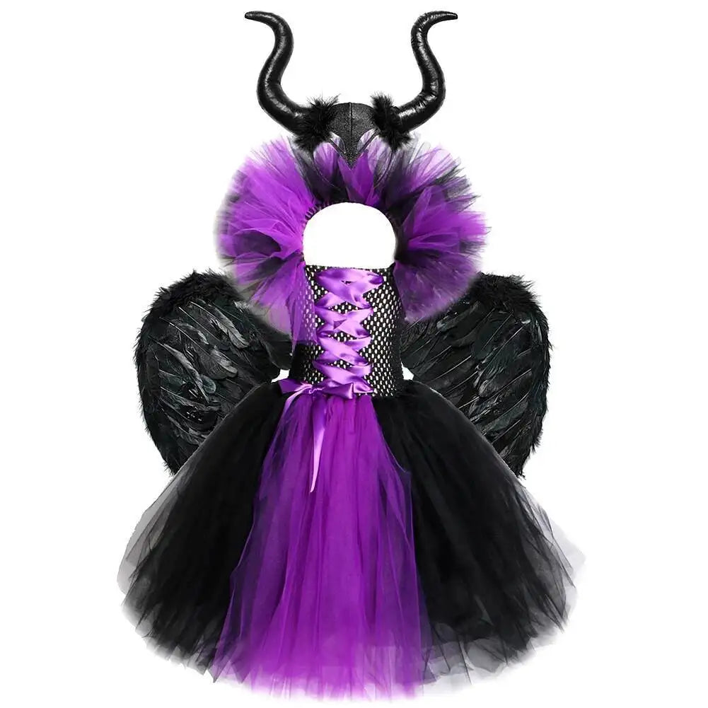 Girls Black Purple Dark Fairy Queen-Inspired Long Costumes with Feather Wings Horns