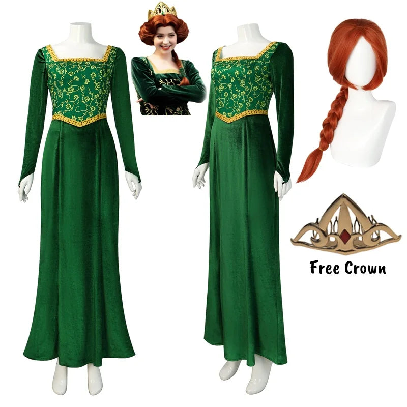 Women's Fiona-Inspired Shrek Costume – Green Dress, Wig & Crown Options
