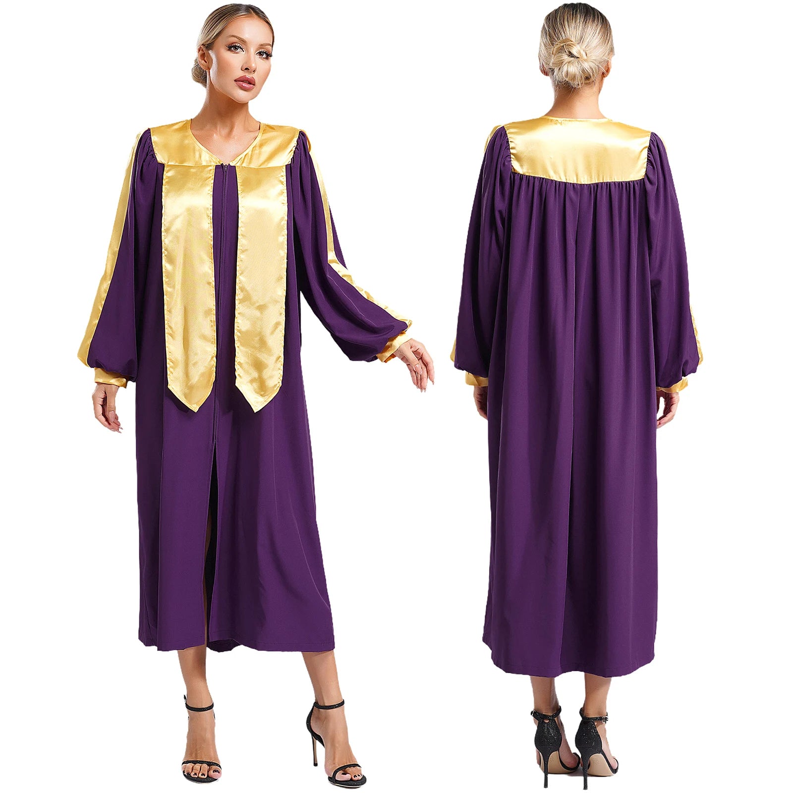 Choir Robe Theme V-neck Sleeve V-neck Color Block Zipper Split Front Gown Unisex - White / M